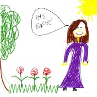 Drawing of a teacher outdoors saying Let's Explore!